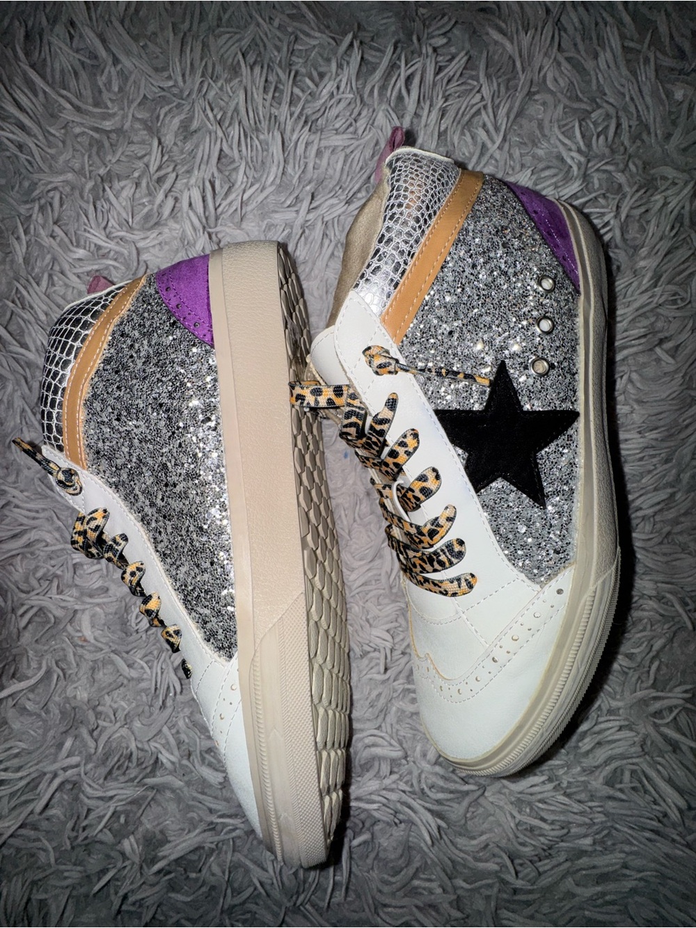 SHU SHOP Rina Silver Glitter High Top Sneakers Leopard Laces Size 10